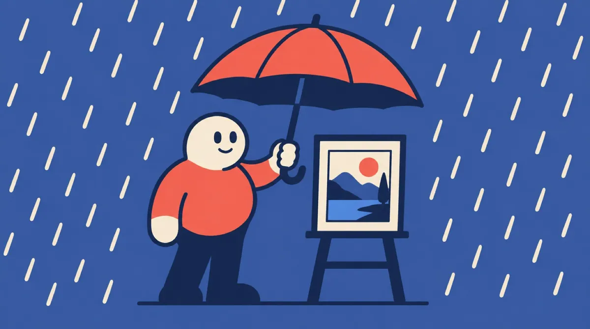 A flat vector character holding an umbrella over a photograph while rain falls around it