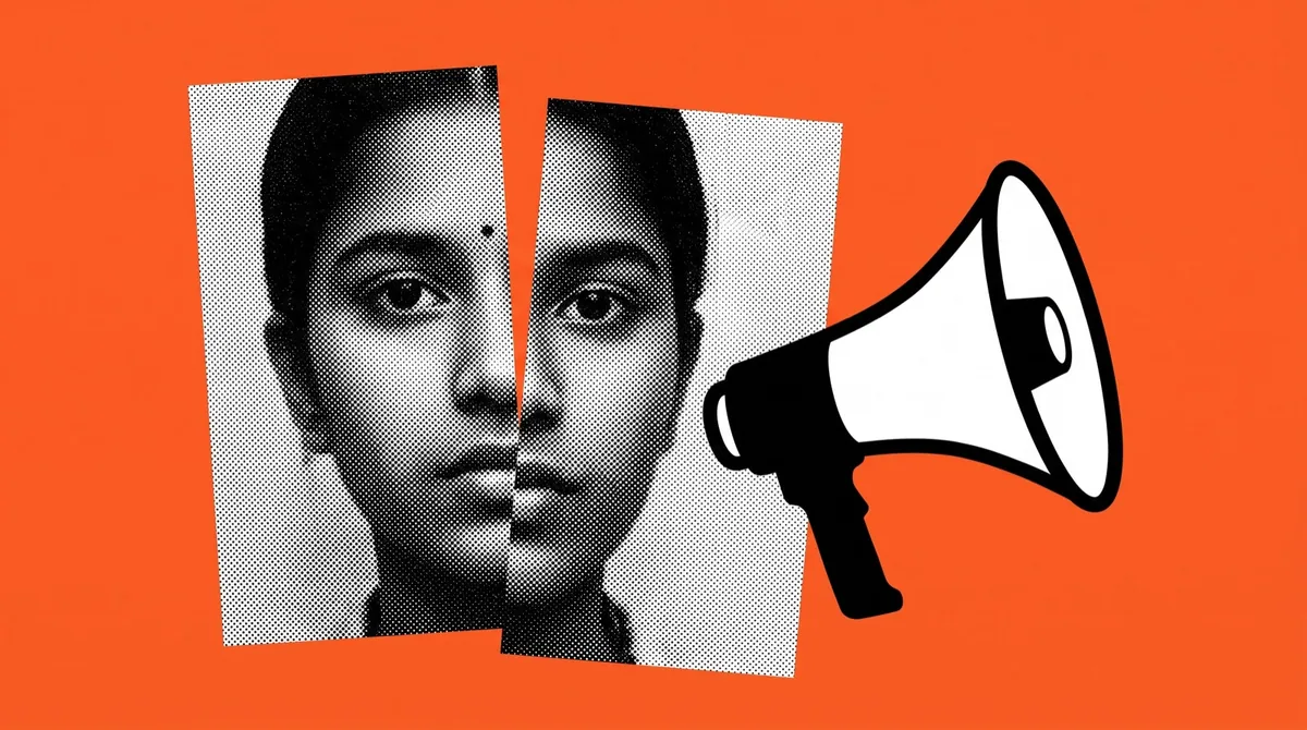 A halftone face fragment cut and offset beside a bold graphic megaphone on a flat orange ground