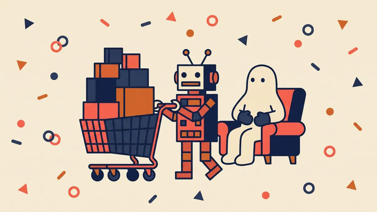 A flat vector robot pushing a trolley of plain boxes while a character watches from a chair