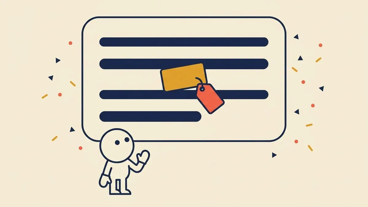 A flat vector character looking up at a large answer panel with a small amber advertisement card wedged between its lines