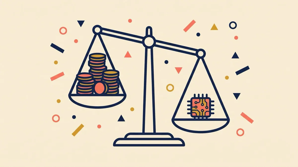 A flat vector balance scale with a stack of coins on one side and a small glowing chip on the other