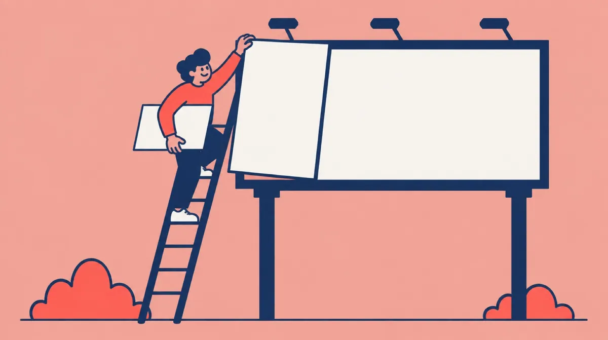 A flat vector character on a ladder changing one panel of a large outdoor board