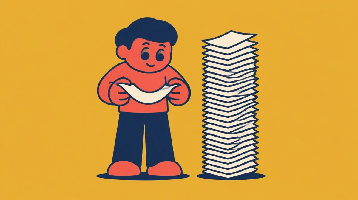A flat vector character holding a single sheet of paper that is heavier than the large stack beside it