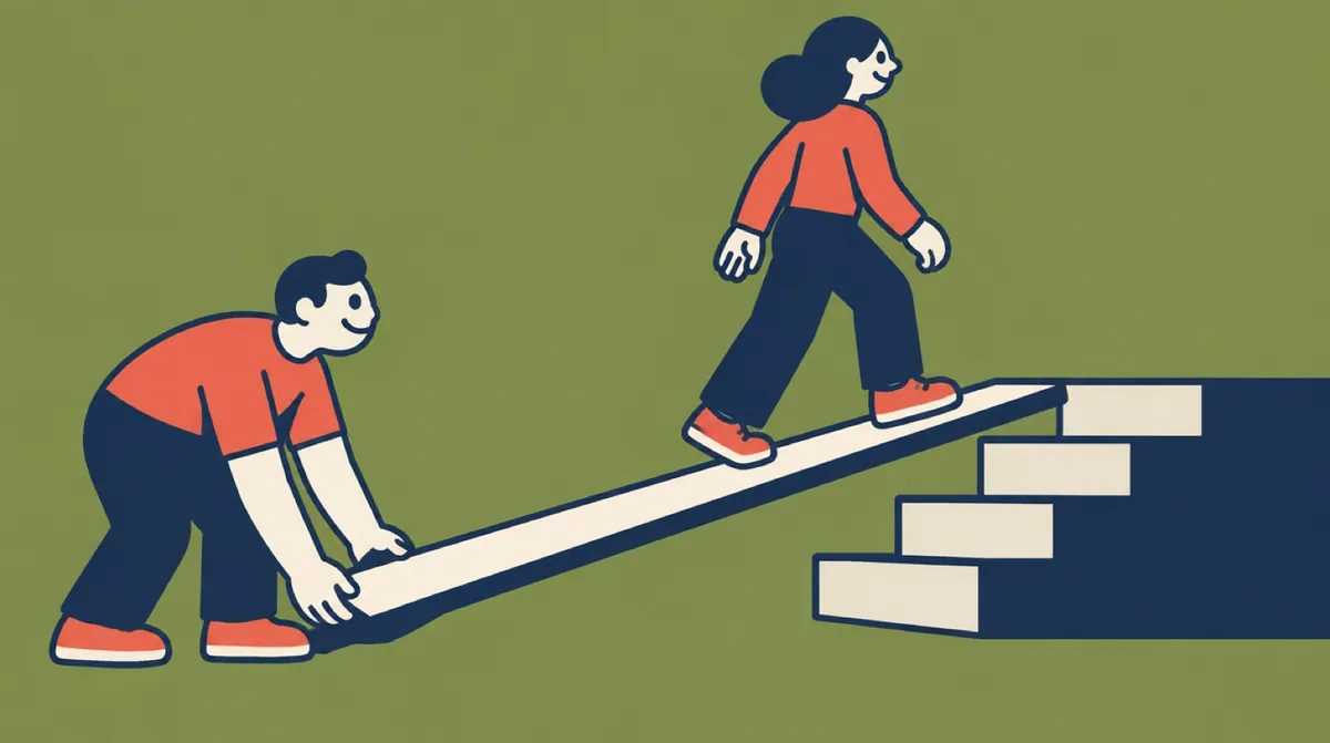 A flat vector character building a ramp beside a short flight of steps