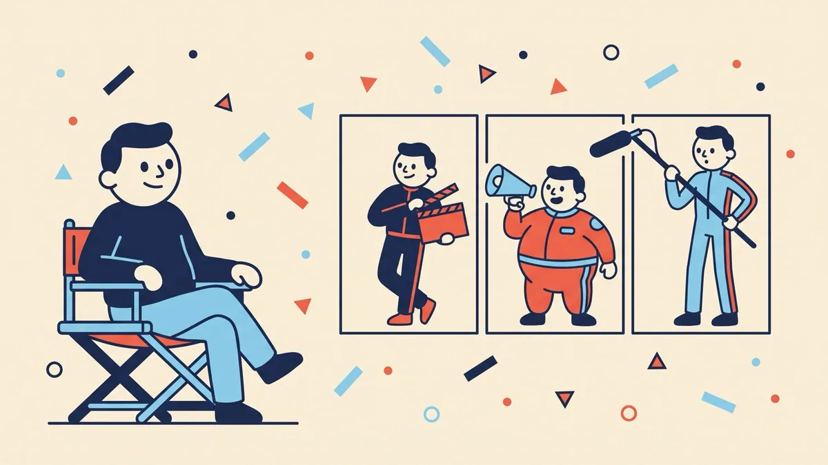 A flat vector character directing a scene where the actor keeps changing shape between takes