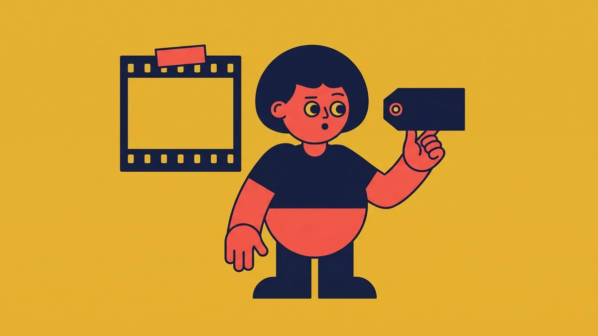 A flat vector character holding a blank tag up against a finished film frame