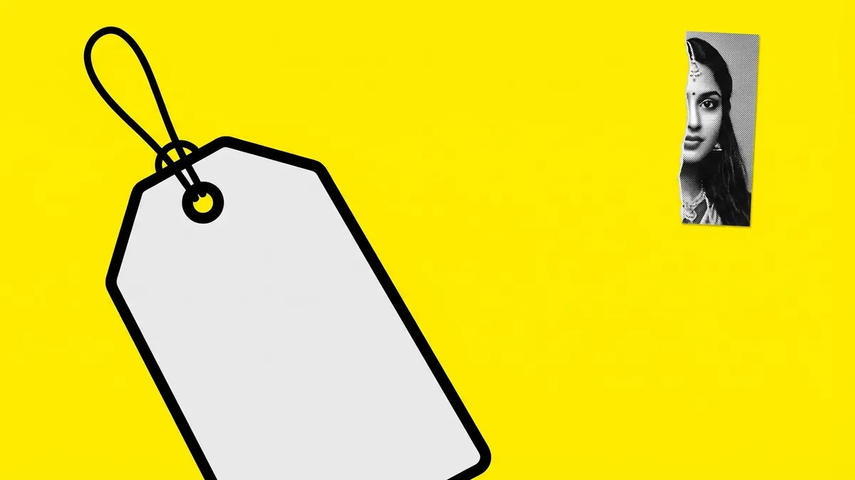 An oversized disclosure tag dwarfs a small torn portrait fragment on a flat yellow ground