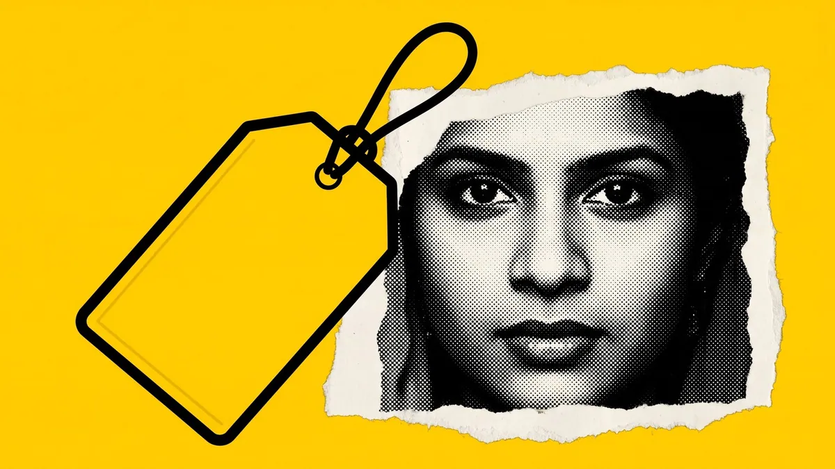 A large blank disclosure tag beside a torn halftone portrait of a woman on a flat yellow ground