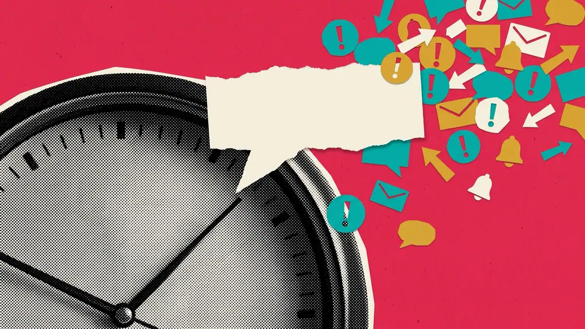 A halftone alarm clock face beside a torn speech bubble, on a saturated red ground