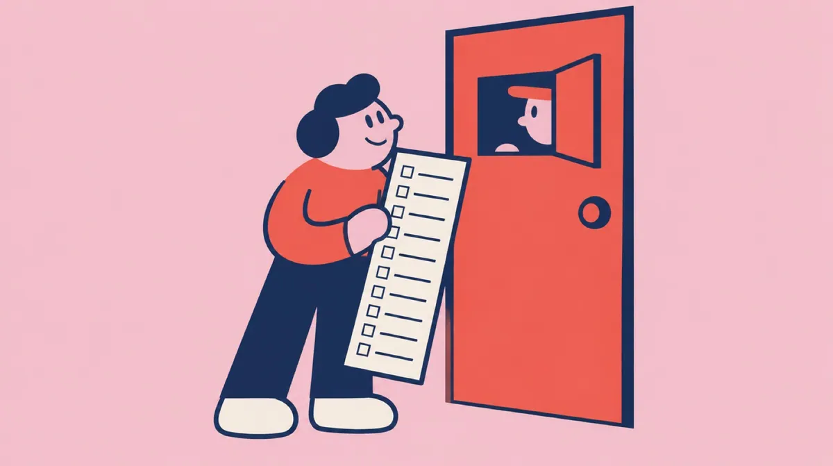 A flat vector character at a door answering questions through a small hatch