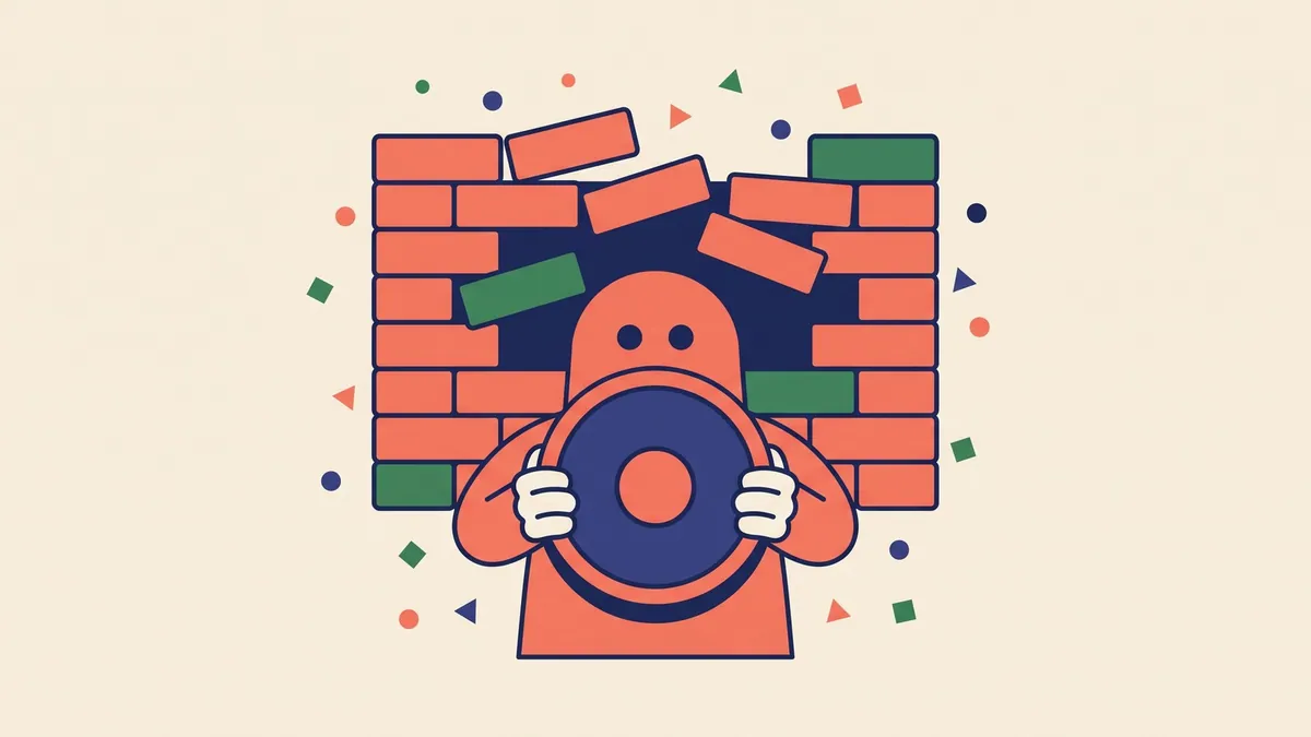 A flat vector character holding a shield in front of a wall that keeps rearranging itself
