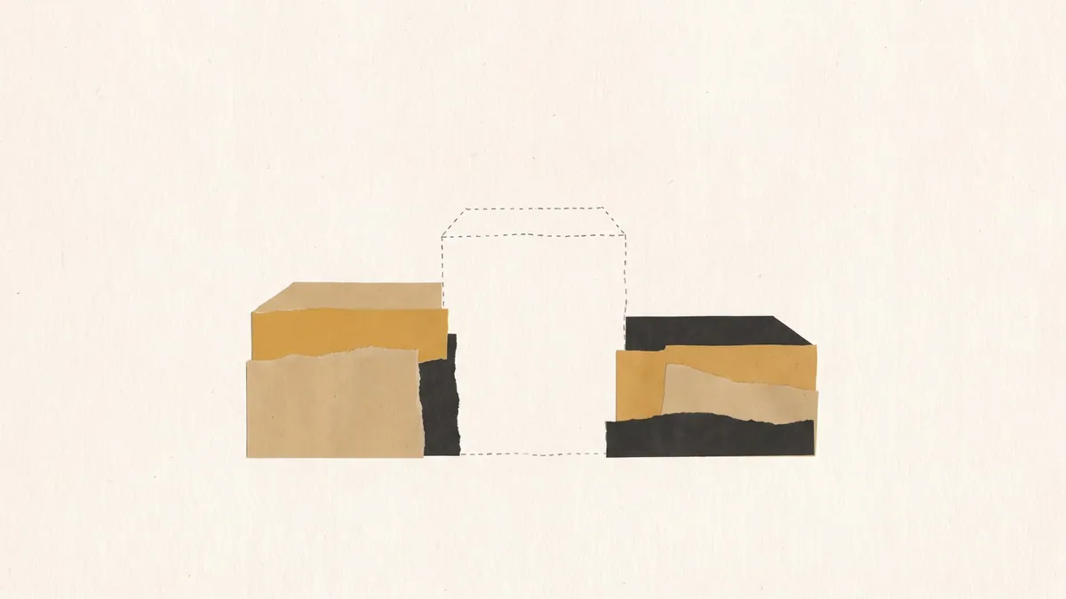 A podium shape in muted ochre with the top step drawn as a dotted outline