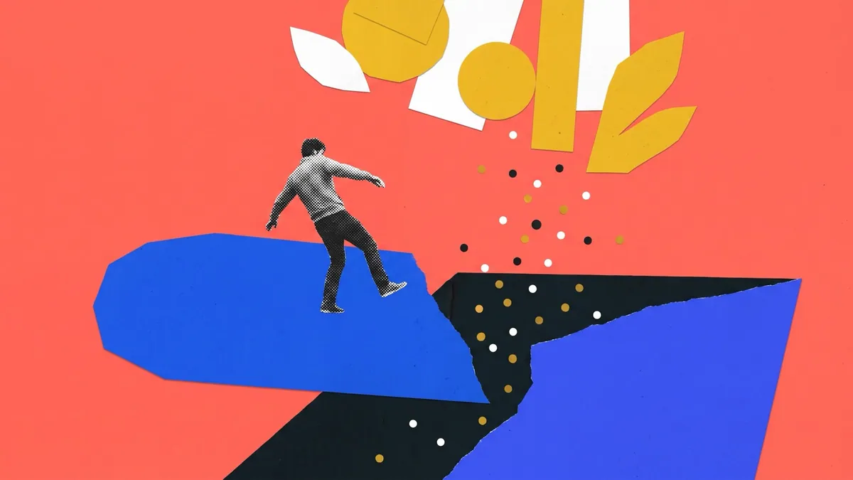 A halftone figure standing on a cut-paper platform that is visibly being pulled out from under them, on a saturated coral ground