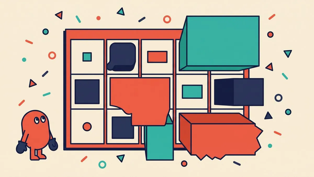 A flat vector character beside a grid of boxes, several of which have burst out of their cells at different sizes