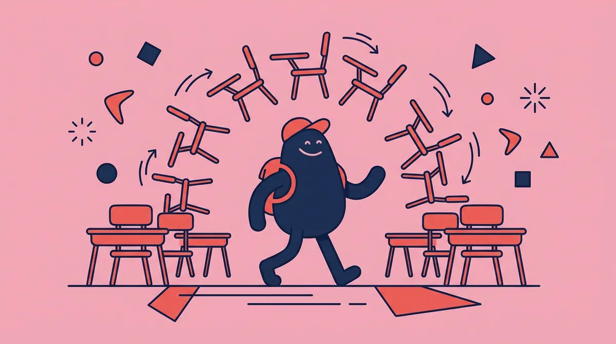 A character walking through a classroom where the usual rows of desks are rearranging themselves into a new pattern