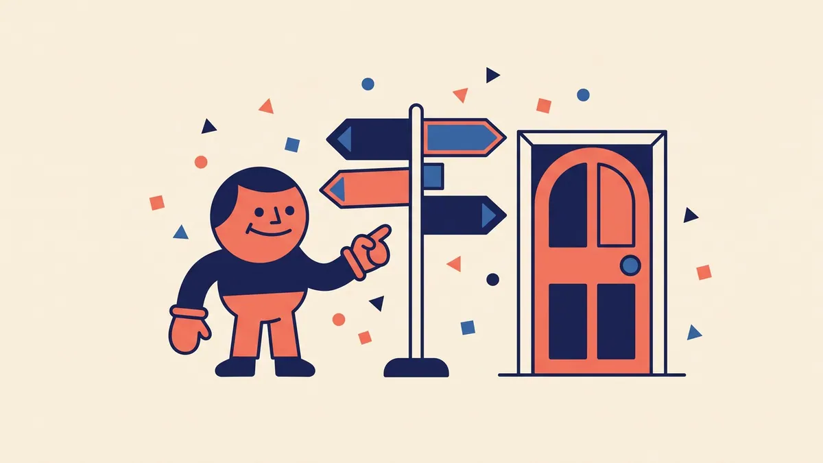 A flat vector character at a signpost where every arm points to the same single door
