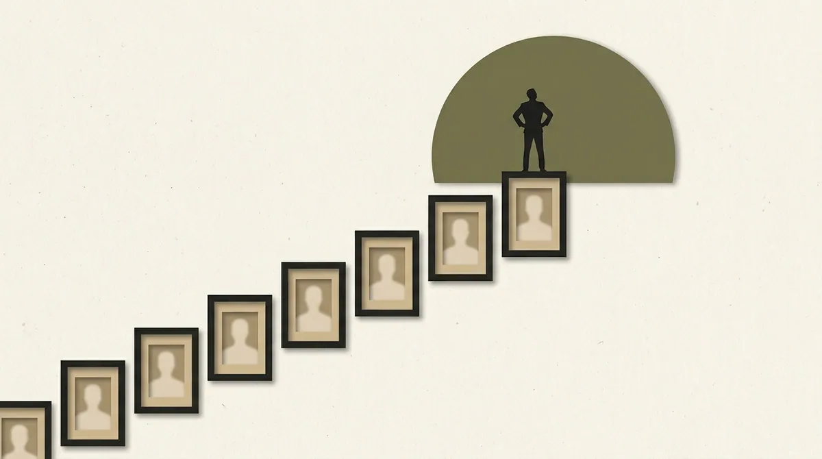 Framed portraits climbing a staircase on a wall, a silhouette figure standing confidently at the top where the frames stop