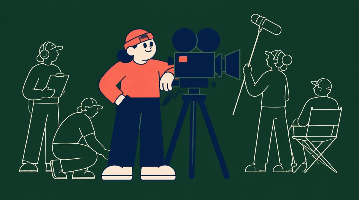 A flat vector character standing beside a camera on a tripod, half the crew around them drawn as outlines only