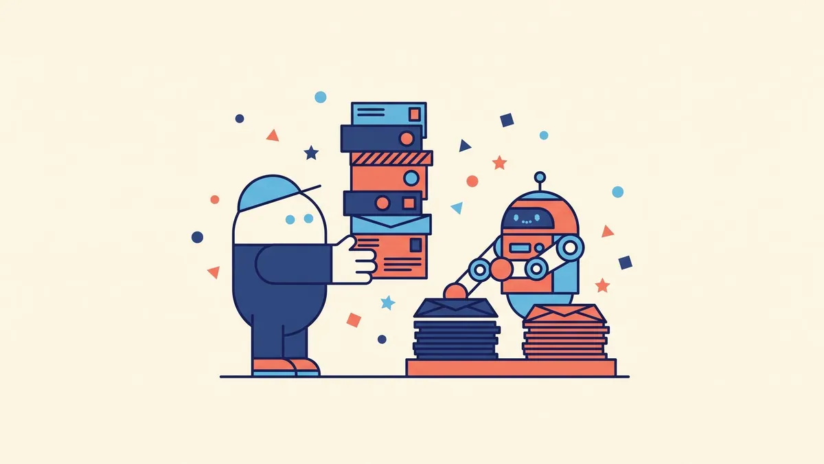 A flat vector character handing a stack of letters to a small robot that is sorting them into two piles