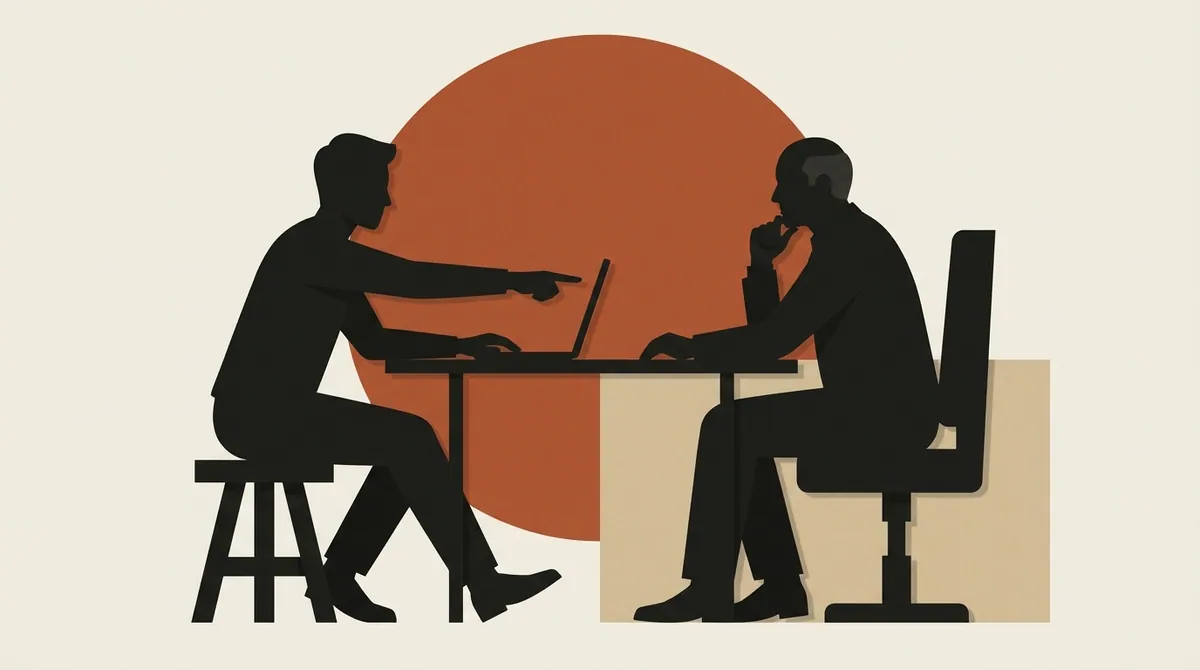 A young figure on a stool explaining something on a laptop to a senior figure sitting back and listening