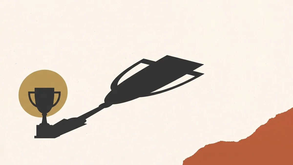 A trophy silhouette on a plinth casting a shadow far longer and heavier than the trophy itself
