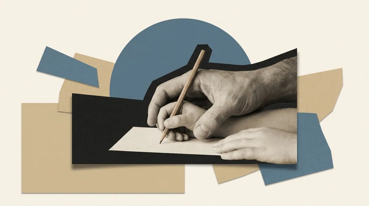 A single hand steadying a smaller hand on a pencil, rendered as a bold flat silhouette against warm colour