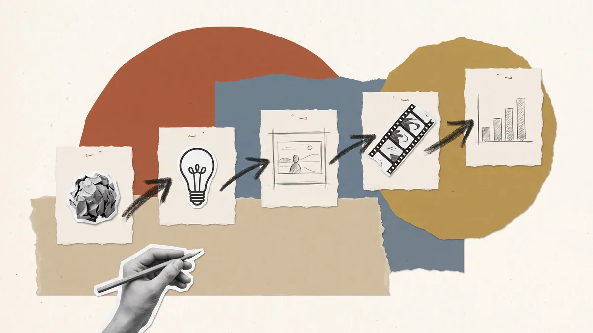 Paper collage of a rising row of cards from a crumpled idea to a lightbulb, storyboard, film and results, with a hand holding a pencil