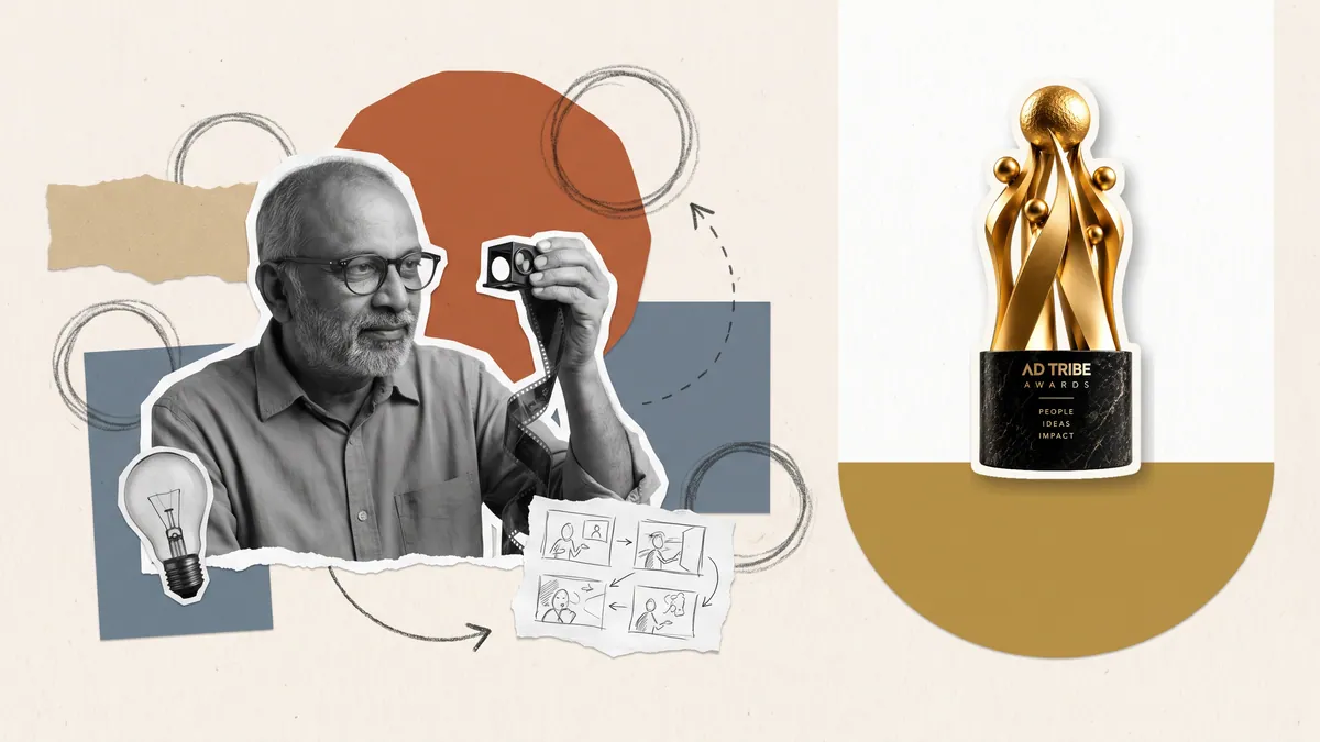 Paper collage of a creative director studying film through a loupe, with a lightbulb and storyboard, beside the Ad Tribe Awards trophy