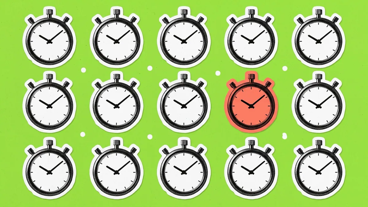 Halftone collage of a stopwatch repeated in a grid, one showing a different time, for quick commerce and FMCG media