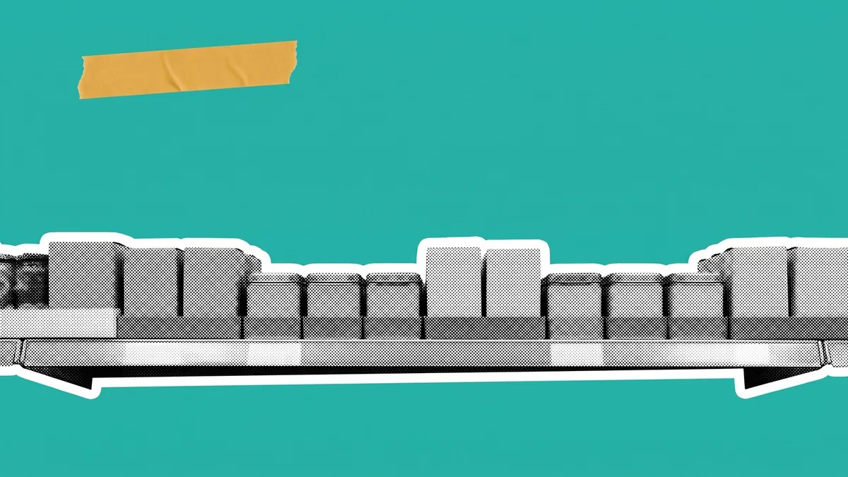 A supermarket shelf edge runs the full width of a teal frame like a horizon with empty space above