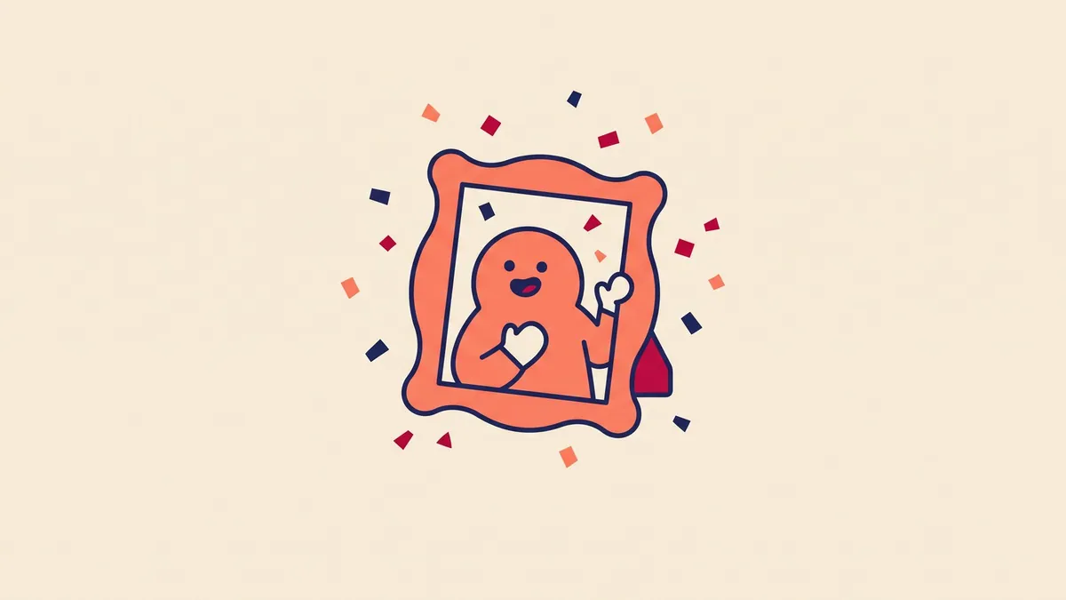 A flat vector character speaking from a picture frame, with the frame standing on nothing