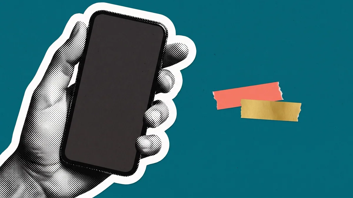 Halftone collage of a hand and a phone at enormous scale running off the frame, for what UPI did to advertising