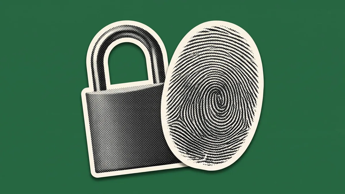 A halftone paper cutout of a padlock and a fingerprint on a flat coloured background