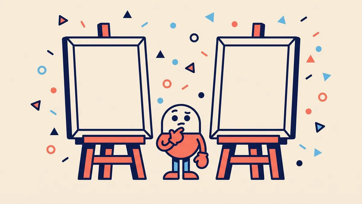 A flat vector character standing between two empty picture frames on easels, comparing them