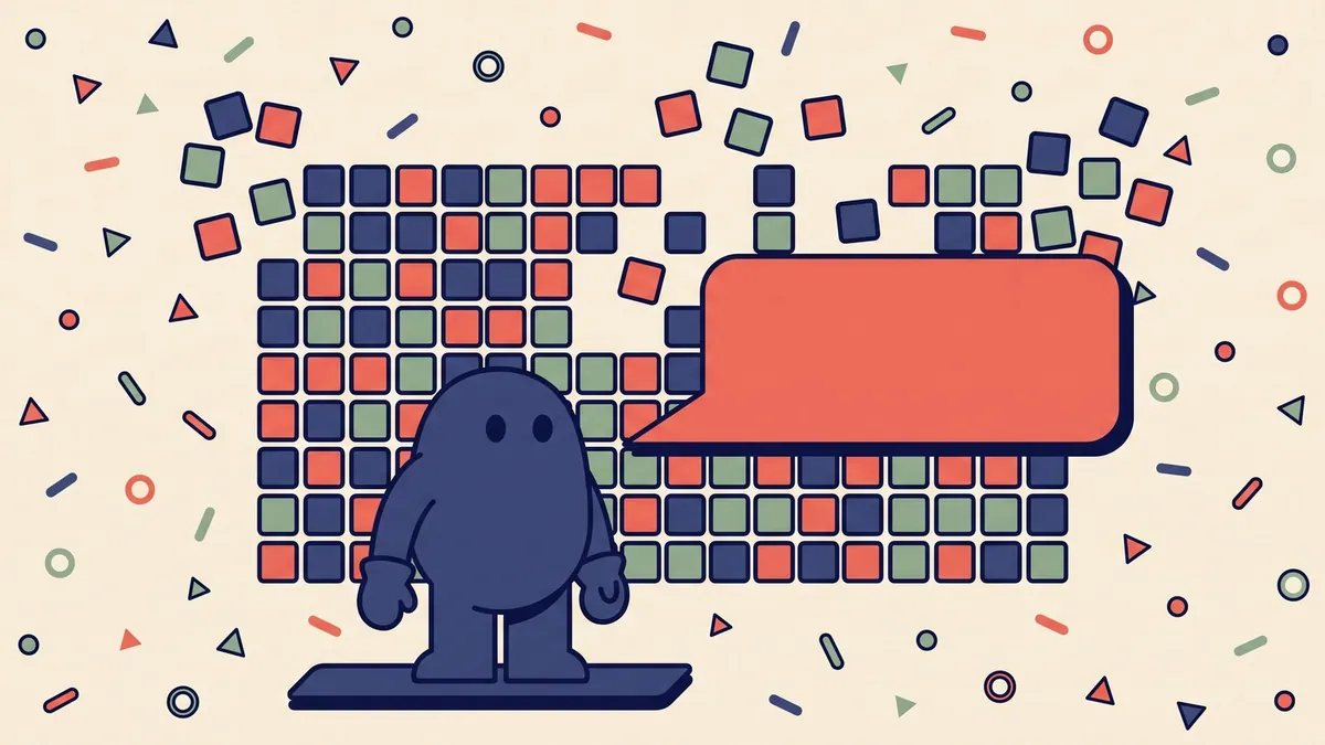 A flat vector character facing a large empty speech bubble as a grid of tiles breaks apart behind it