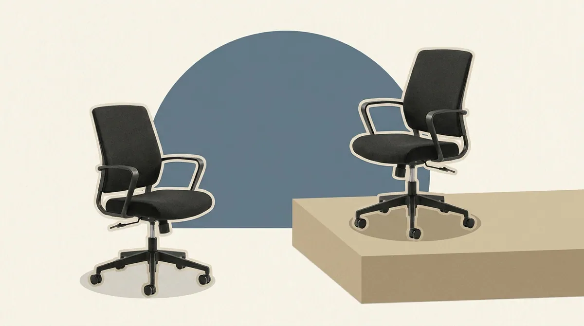 Two office chairs of different heights facing each other, the shorter one raised on a small platform