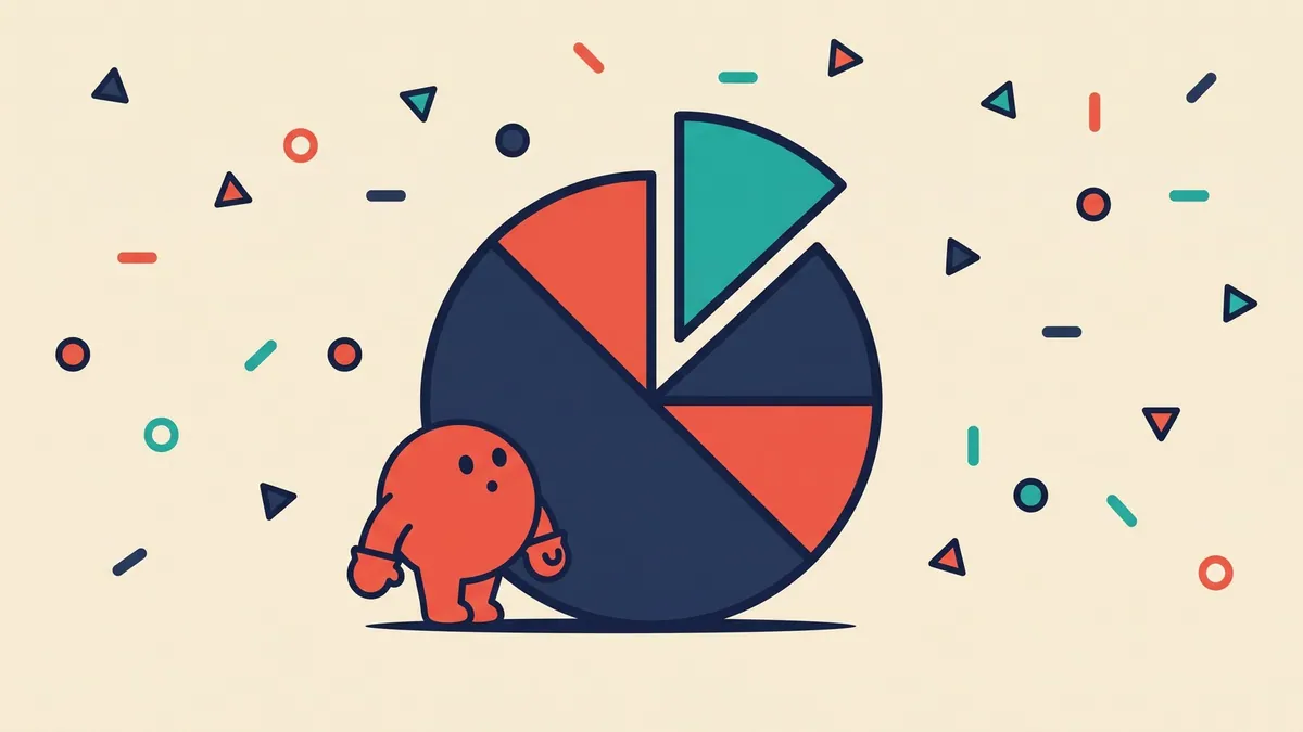A flat vector character looking up at a pie chart with one narrow wedge lifted away from the rest
