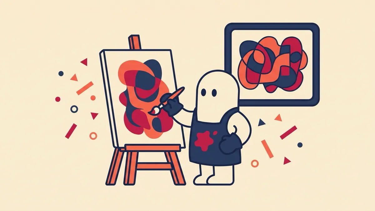 A flat vector character painting at an easel while a copy of the painting appears behind them