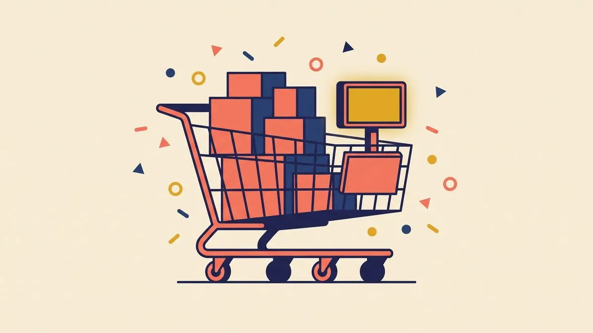 A flat vector shopping trolley loaded with boxes, with a glowing amber screen mounted on its handle