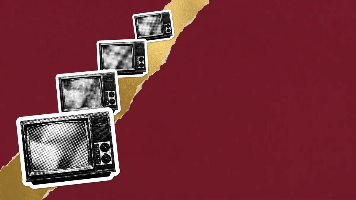 Halftone collage of a television set repeated at diminishing sizes along a diagonal band, for where TV money went