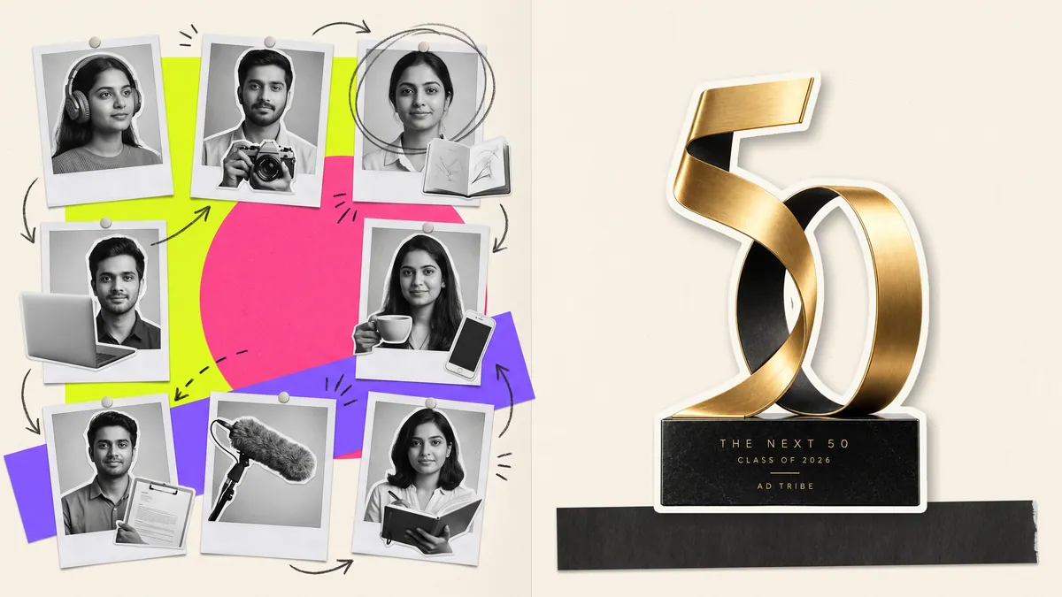 The Next 50 trophy in a paper collage beside a pinned wall of young advertising professionals from different disciplines