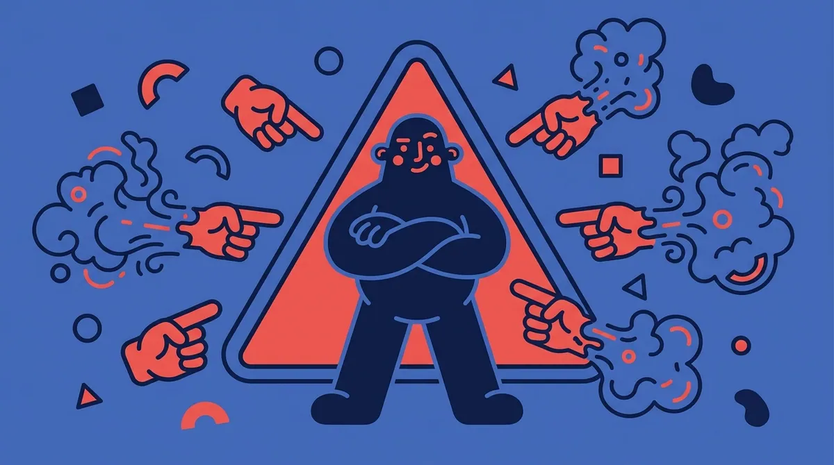 A character standing firmly in front of a large error message while pointing fingers dissolve into smoke around them