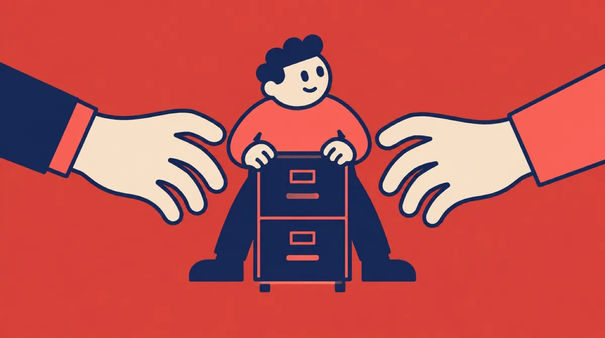 A flat vector character standing between two hands reaching for the same filing cabinet