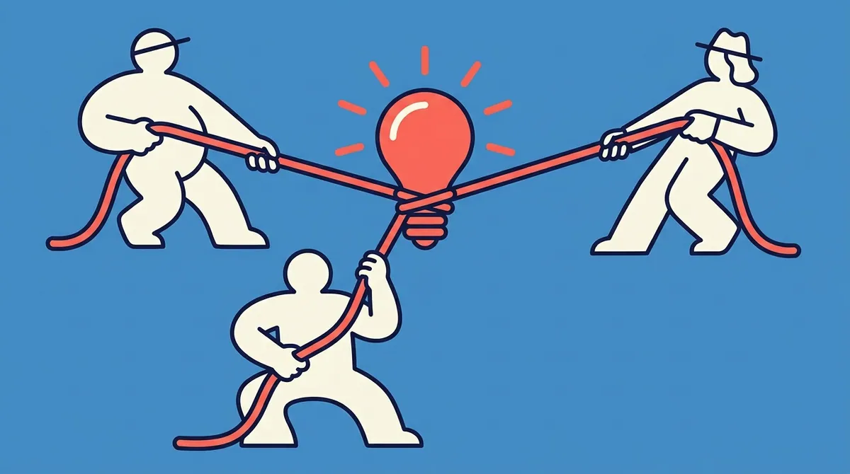 Three small hands pulling ropes attached to a single glowing lightbulb shape in a tug of war