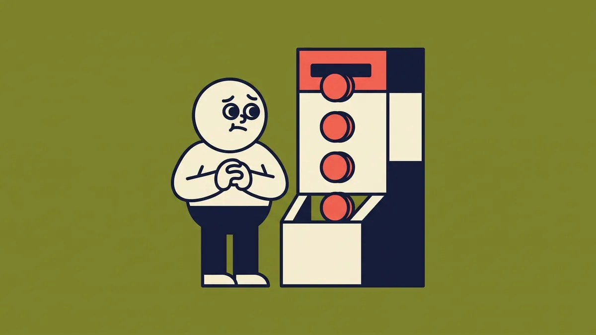 A flat vector character watching coins drop one at a time into a machine
