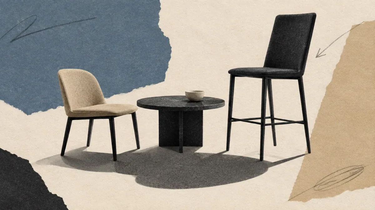 Two chairs of very different heights pulled up to the same low table, both casting one shared shadow