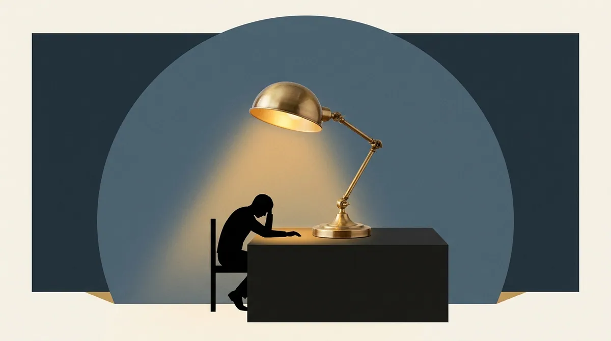 A silhouette figure slumped at a desk beneath a lit desk lamp, set against a bold dusty blue arc
