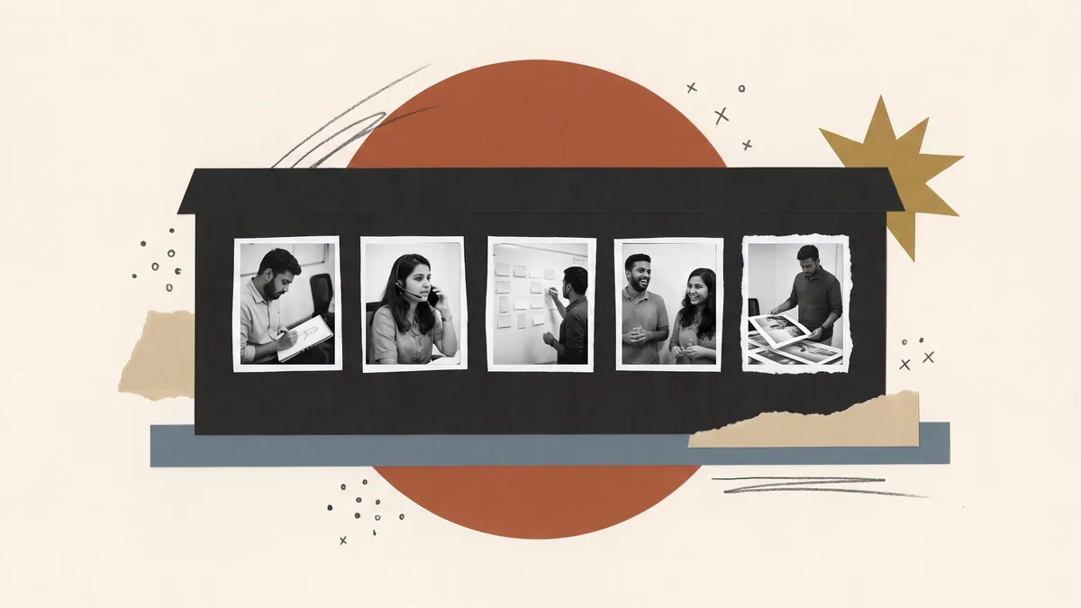 Paper collage of an agency drawn as a building, its team at work in the windows, under a terracotta sun