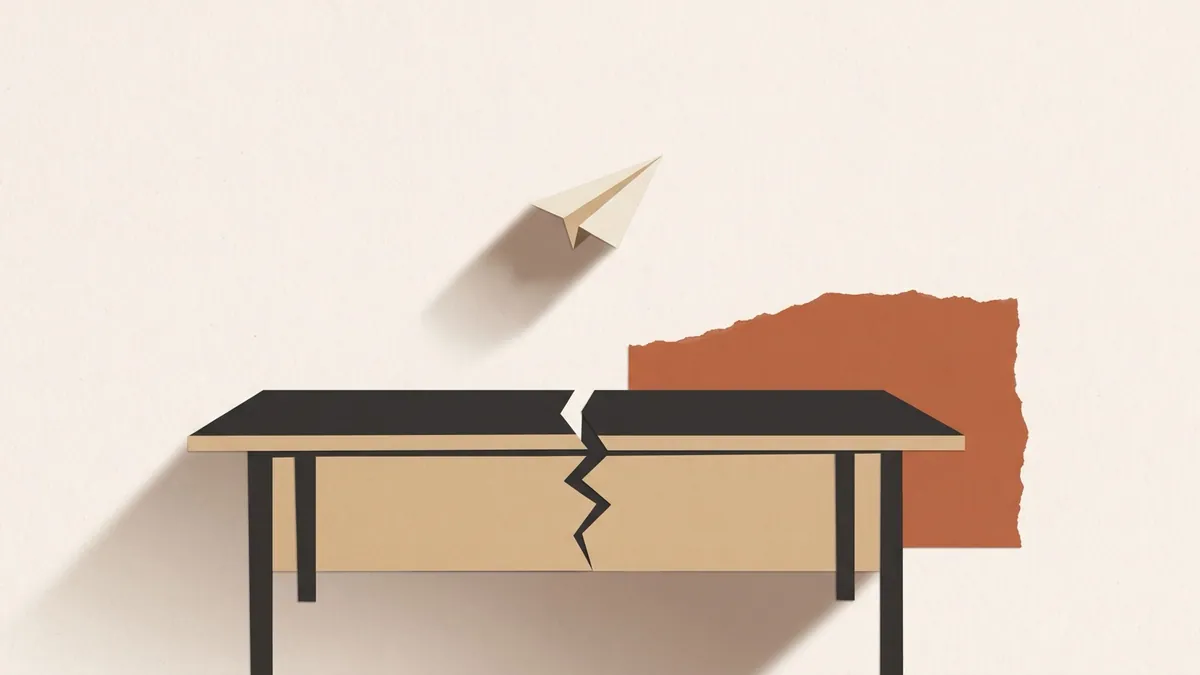 A long table with a crack running down its centre and a paper aeroplane suspended above it