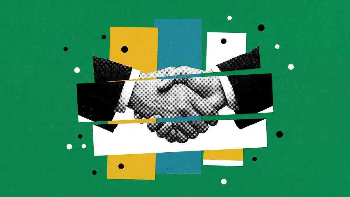 A halftone handshake fragmented and reassembled against bold cut-paper geometric blocks, on a saturated forest green ground